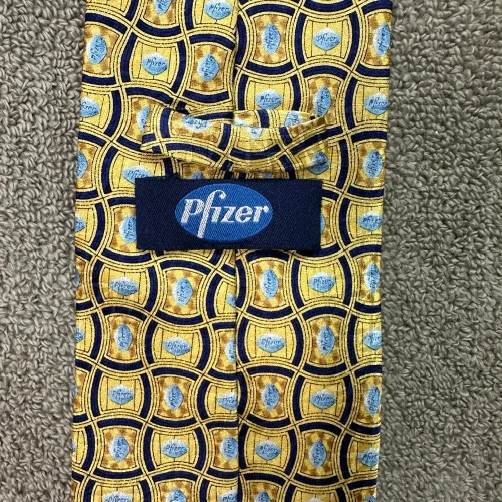 Pfizer Corporate Logo Silk Necktie Gold Navy Blue Geometric Pharmaceutical Tie